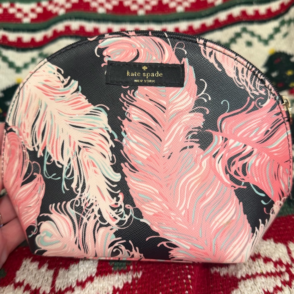 Kate Spade Black and Pink Feather Cosmetic Bag